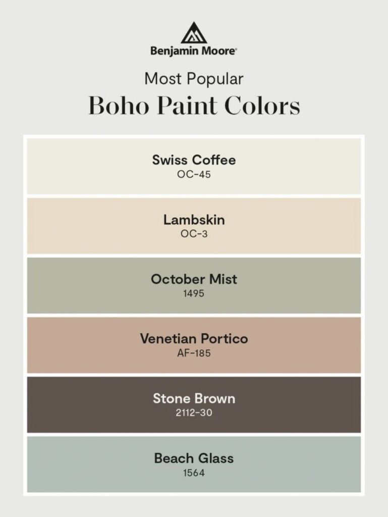Benjamin Moore's Most Popular Boho Paint Colors. A bunch of different paint colors that are in a color palette.