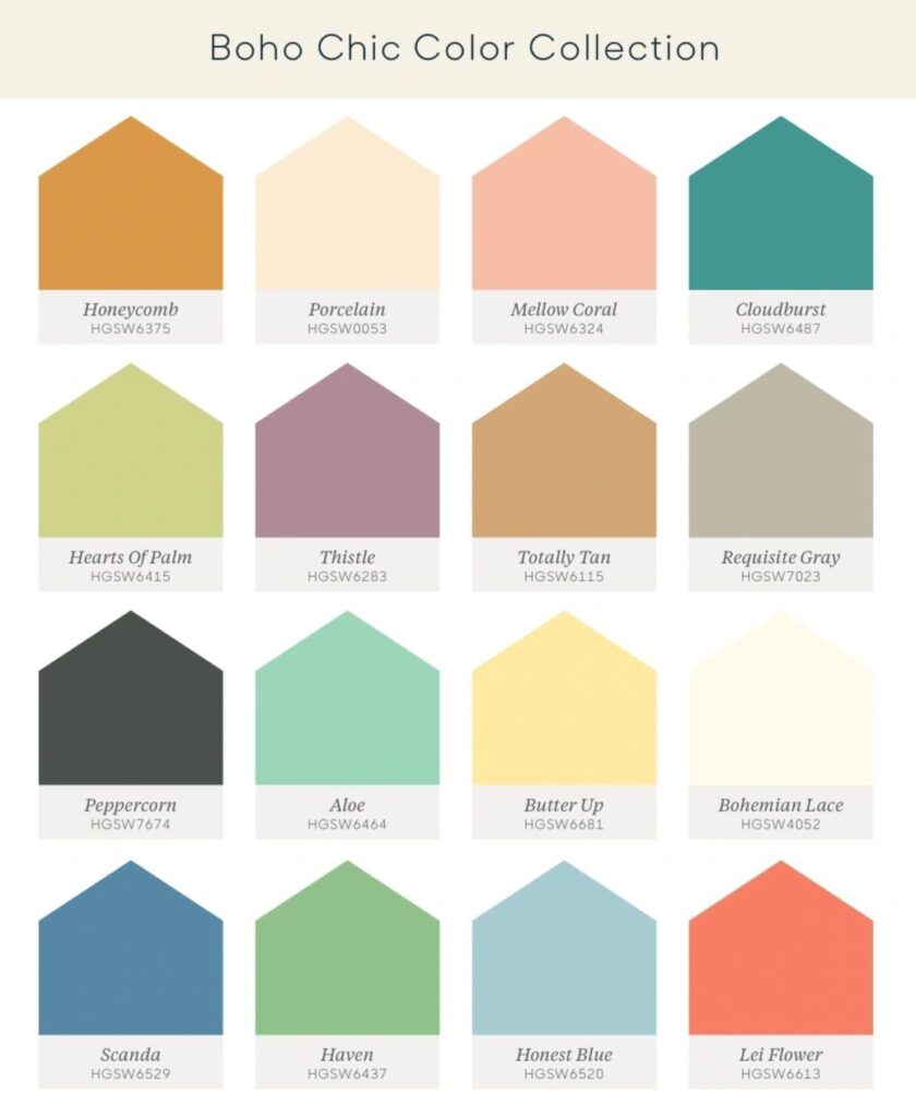 HGTV Boho Chic Paint Colors. A bunch of different paint colors that are in a color palette.