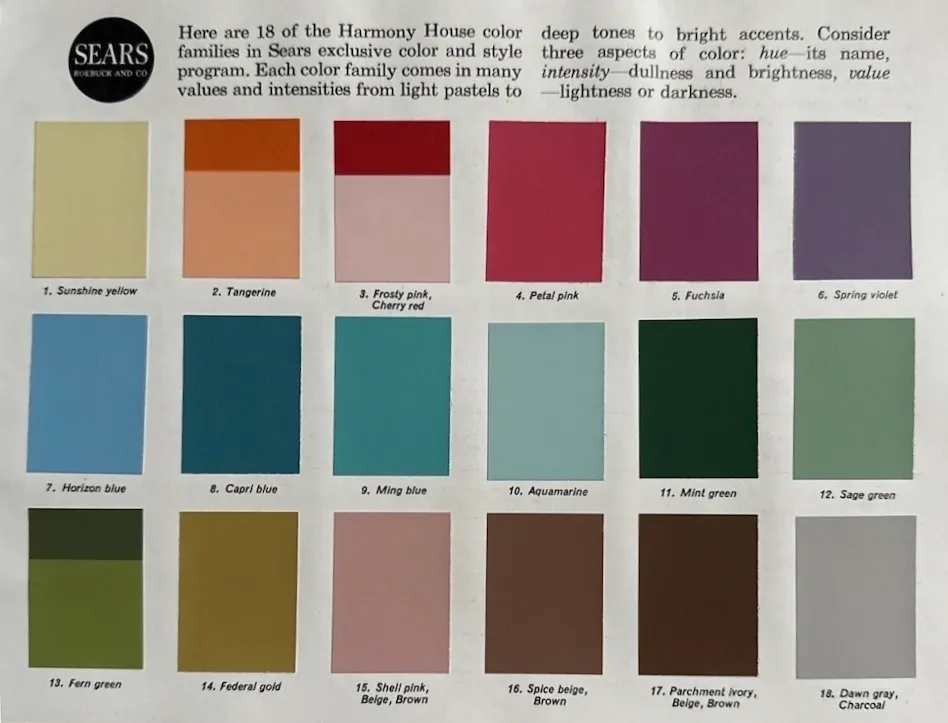 1964 Sears Harmony House Mid-Century paint color chart.